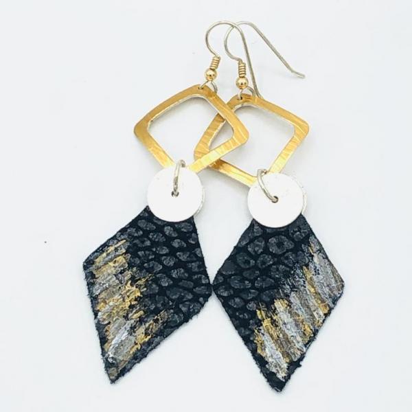 Leather handmade, hand painted modern earrings black/gold/silver. Geometric, bold, lightweight and one-of-a-kind Jewelry by DianaHDesigns! picture
