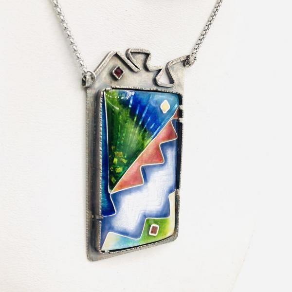 Contemporary, Modern Cloisonné Enamel & Sterling Silver Handmade Artful Necklace by DianaHDesigns. Rainbow...so many colors! Lovely chain! picture