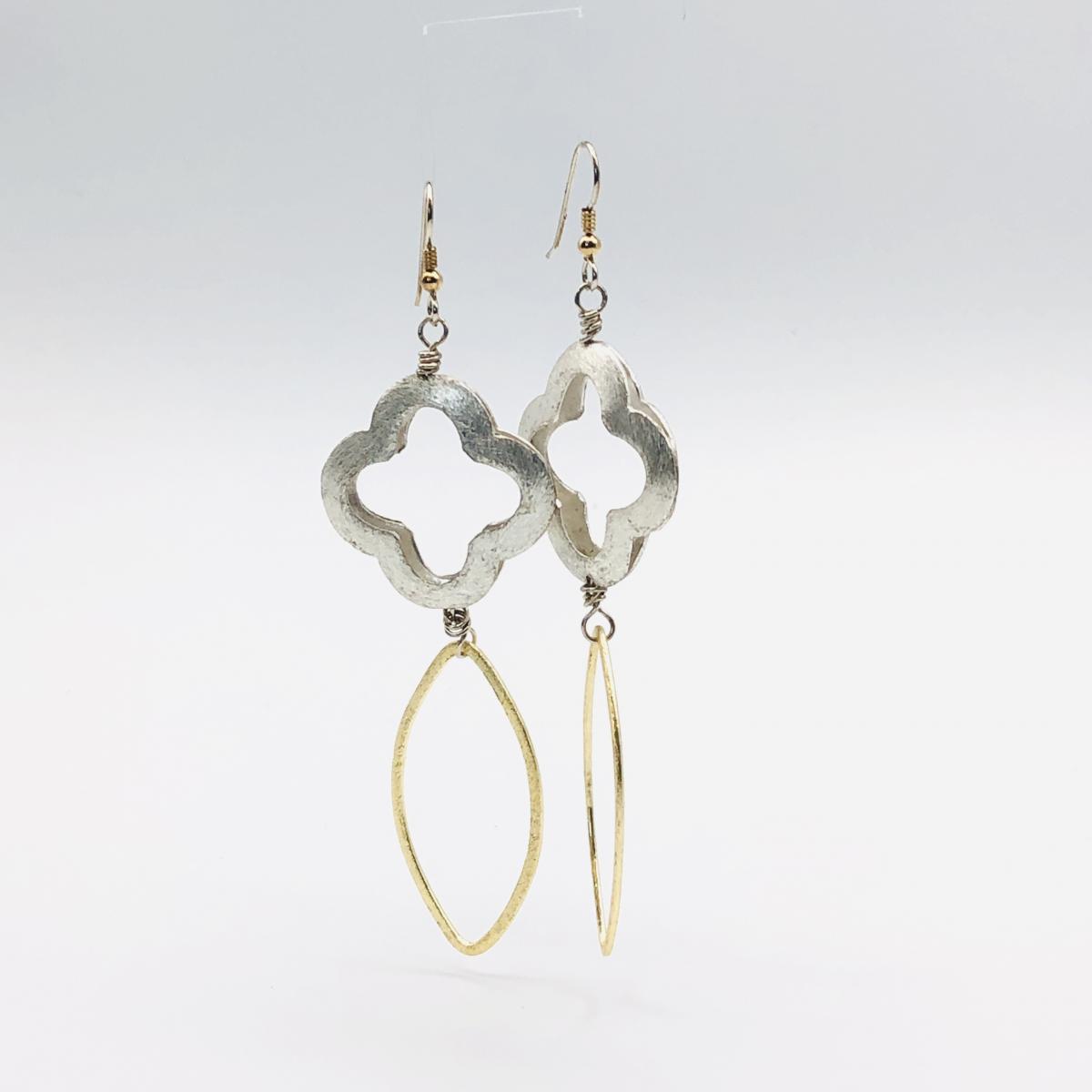 Handmade contemporary statement dangle earrings bold geometric flower & open oval/marquis leaf design in gold/silver tones. By DianaHDesigns picture