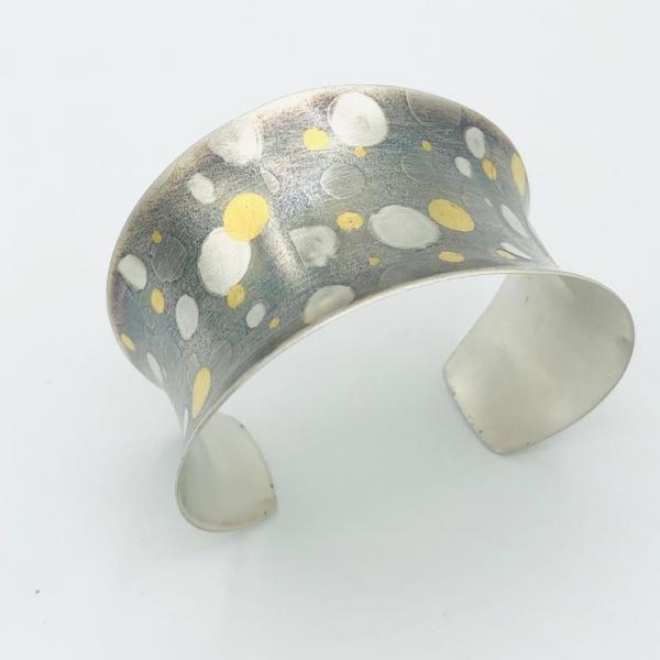 Celestial starry night sky bold, modern cuff bracelet 24k gold polka dots/sterling handmade DianaHDesigns. Adjustable, one-of-a-kind, fun! picture