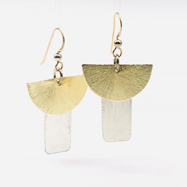 Contemporary geometric dangle earrings half moon/rectangle shapes, gold/silver tones. Lightweight w/ gold-filled ear wires. DianaHDesigns