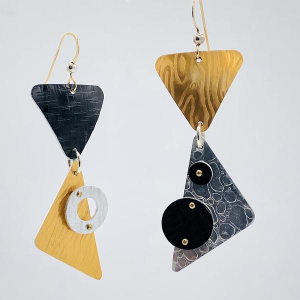 Asymmetrical, architectural and 3 dimensional geometric earrings! One-of-a-kind & lightweight. Textures, rivets for detail. DianaHDesigns picture