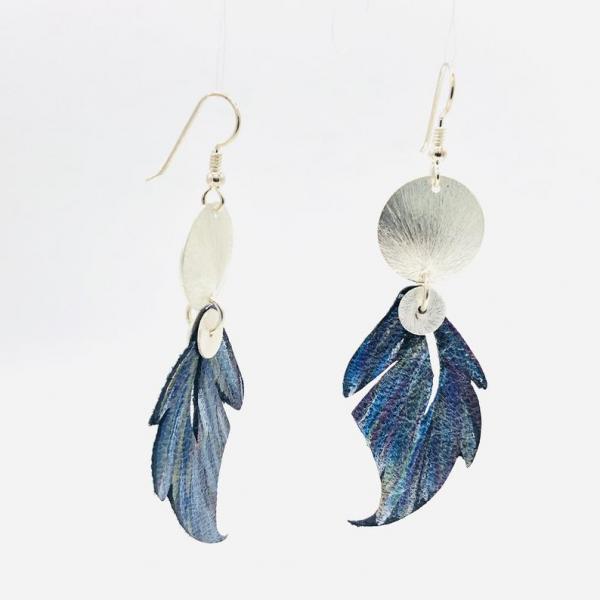 Leather feather earrings geometric, modern design. Hand painted recycled leather, one-of-a-kind. Artful Handmade Jewelry by DianaHDesigns! picture