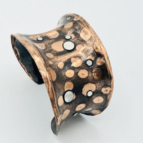 Polka dot cuff bracelet, copper with sterling silver accents. Animal print and texture one-of-a-kind! Unique, gorgeous patina, adjustable. picture