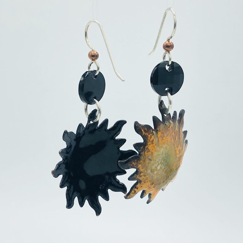 Swarovski crystal cosmic, celestial star burst/sunshine earrings handmade pierced. Colorful orange, gold & black enamel. By DianaHDesigns! picture
