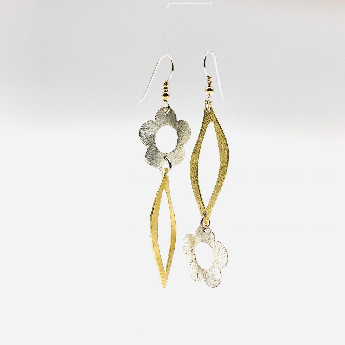 Asymmetrical flower and leaf design earrings in gold/silver tones. Fun, bold, elegant, lightweight & sexy statement dangles by DianaHDesigns picture