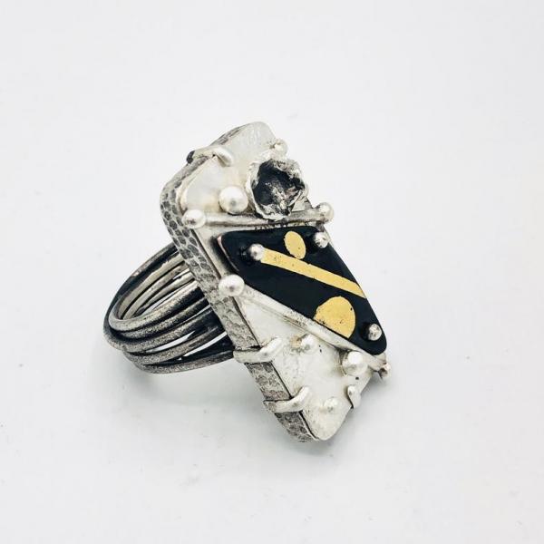 Diana Hirschhorn Artful Handmade Cosmic/Modern Bold Statement Ring! Reticulated Sterling Silver with 24K Gold and Enamel. Custom order Only picture