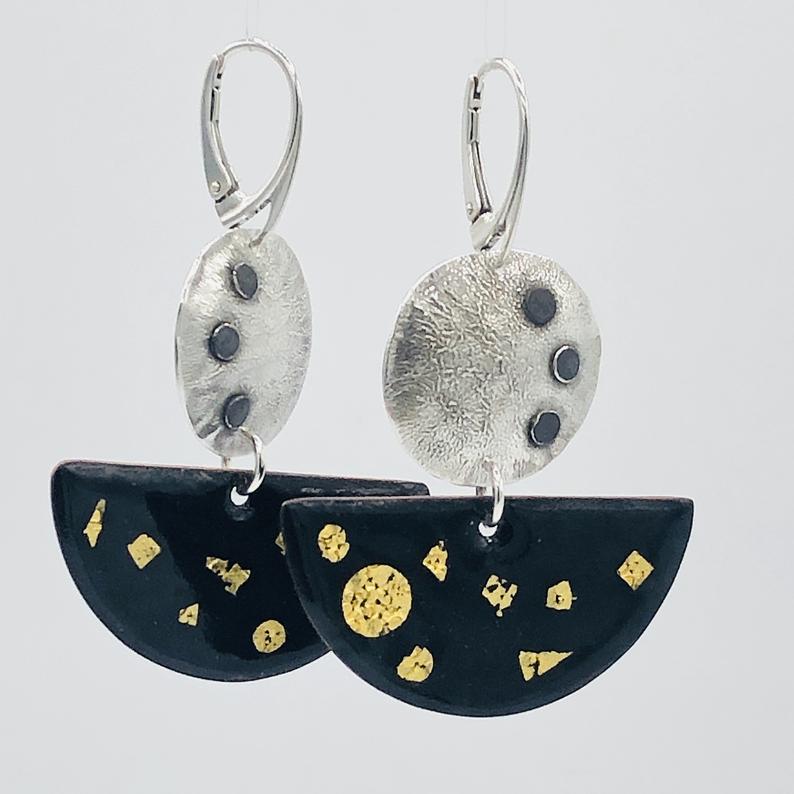 Reticulated sterling silver/24K gold/enamel modern bold half moon leverback earrings! DianaHDesigns/Artful Handmade Jewelry. Custom order. picture