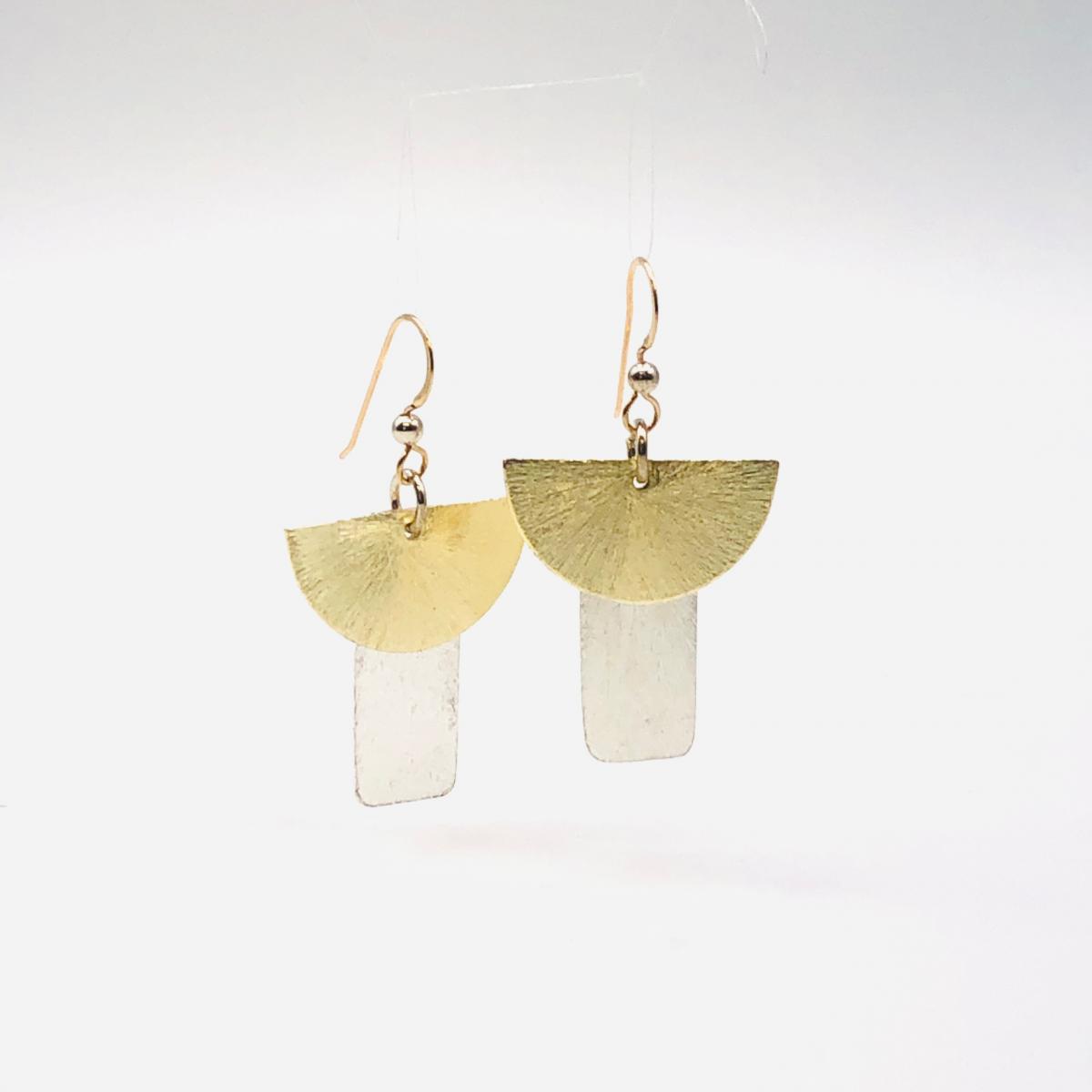 Contemporary geometric dangle earrings half moon/rectangle shapes, gold/silver tones. Lightweight w/ gold-filled ear wires. DianaHDesigns picture