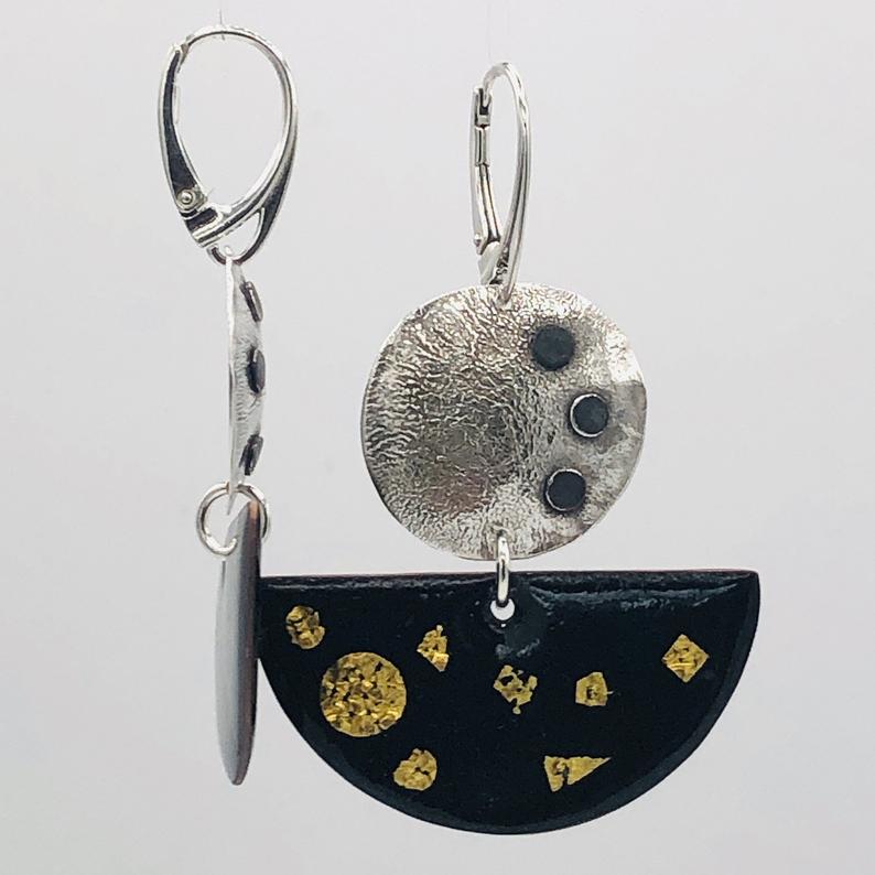 Reticulated sterling silver/24K gold/enamel modern bold half moon leverback earrings! DianaHDesigns/Artful Handmade Jewelry. Custom order. picture