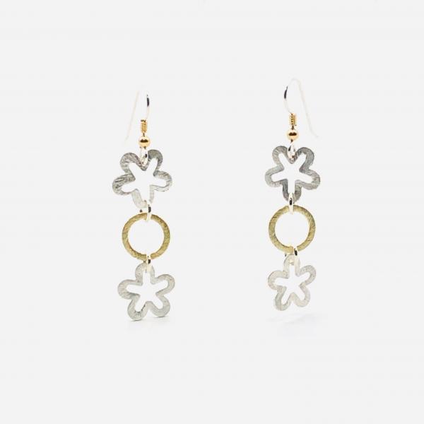 Interconnecting flower and circle dangle earrings in silver/gold, sterling silver ear wires. Elegant, sexy & lightweight. By DianaHDesigns picture