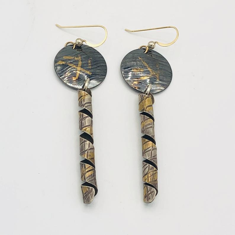 Modern, contemporary 24K gold/sterling silver industrial/architectural design earrings by DianaHDesigns. Oxidized, textured, one-of-a-kind! picture