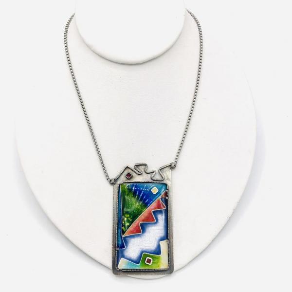 Contemporary, Modern Cloisonné Enamel & Sterling Silver Handmade Artful Necklace by DianaHDesigns. Rainbow...so many colors! Lovely chain! picture