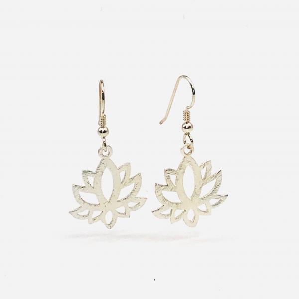 Lotus yoga earrings gold or silver tone minimalist flower design lightweight pierced dangles. Fun, Artful Handmade Jewelry by DianaHDesigns picture