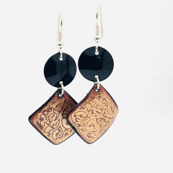 Contemporary enamel dangle earrings handmade. Black & gold colors, burgundy etching. Sterling silver pierced ear wires. By DianaHDesigns! picture