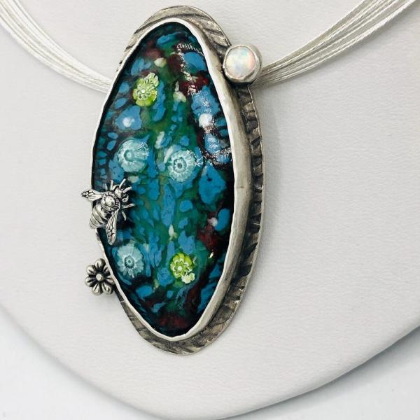Water lily garden handmade necklace sterling silver/vitreous enamel with bumble bee & opal accents, multi-cable neck wire by DianaHDesigns! picture