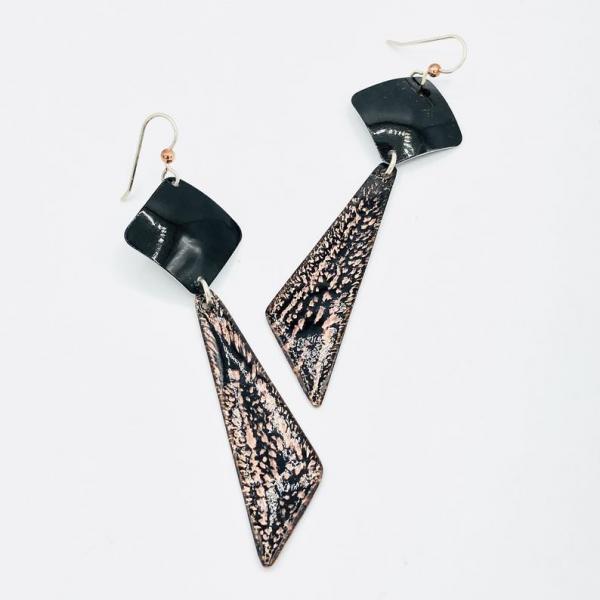 Menswear influence! Handmade earrings in black/copper enamel geometric one-of-a-kind dangles w/ sterling silver ear wires handmade unique! picture