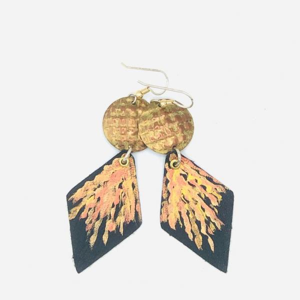Gorgeous fall colors! Hand painted bold leather/aluminum earrings geometric shapes black/copper lightweight. Handmade by Diana Hirschhorn! picture