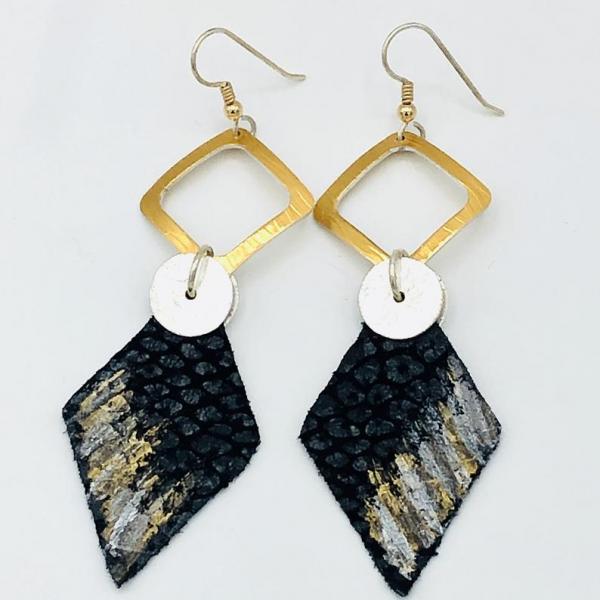 Leather handmade, hand painted modern earrings black/gold/silver. Geometric, bold, lightweight and one-of-a-kind Jewelry by DianaHDesigns! picture