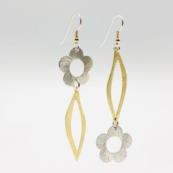 Asymmetrical flower and leaf design earrings in gold/silver tones. Fun, bold, elegant, lightweight & sexy statement dangles by DianaHDesigns picture