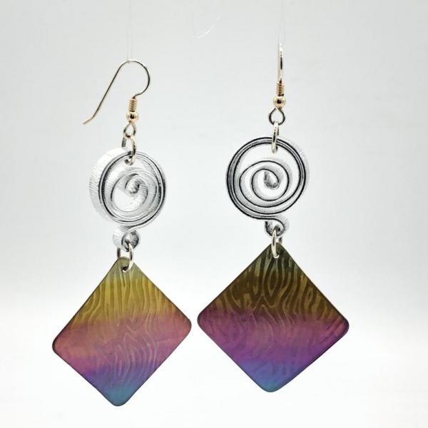 Rainbow modern handmade titanium geometric statement earrings boldy contemporary! Textured, one-of-a-kind, pierced dangles by DianaHDesigns picture