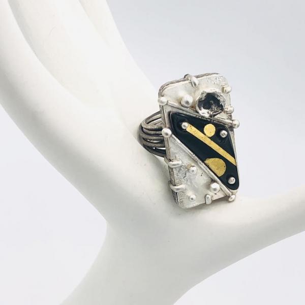 Diana Hirschhorn Artful Handmade Cosmic/Modern Bold Statement Ring! Reticulated Sterling Silver with 24K Gold and Enamel. Custom order Only picture