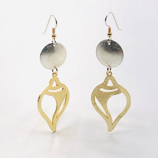 Modern gold/silver tropical dangle earrings geometric shell design, sterling silver ear wires. Artful Handmade Jewelry by DianaHDesigns! picture