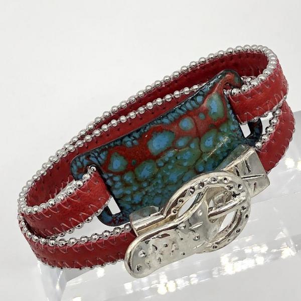 Boho Handmade Red Double Wrap Leather Bracelet. Stainless Steel, Enamel and a Magnetic Buckle Clasp all in one Bracelet! By DianaHDesigns picture