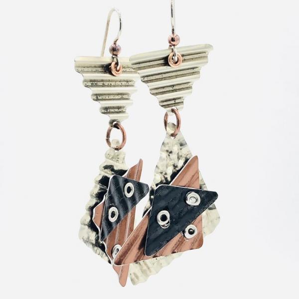 Architectural, modern, geometric earrings. 3 dimensional! Edgy with lots of textures & rivets. Artful Handmade Jewelry by DianaHDesigns! picture