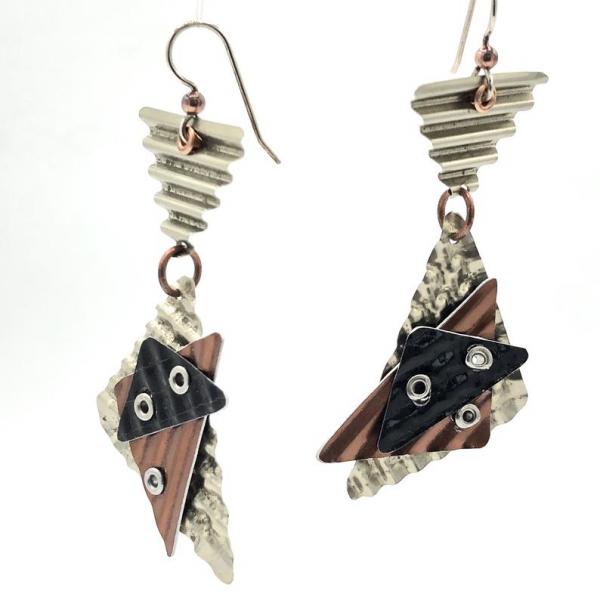 Architectural, modern, geometric earrings. 3 dimensional! Edgy with lots of textures & rivets. Artful Handmade Jewelry by DianaHDesigns! picture