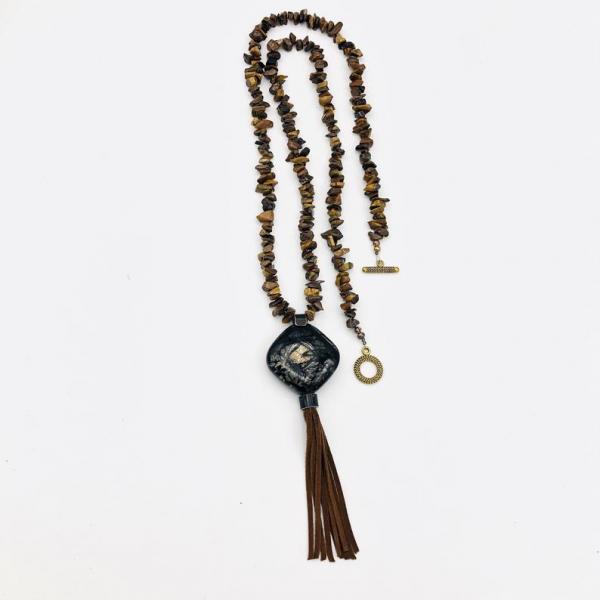 Handmade Fused glass & Tigers Eye Jasper Long Necklace w/ Tassel. "Eye of the Tiger" Beaded One-of-a-kind necklace by Diana Hirschhorn picture