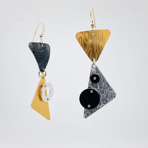 Asymmetrical, architectural and 3 dimensional geometric earrings! One-of-a-kind & lightweight. Textures, rivets for detail. DianaHDesigns