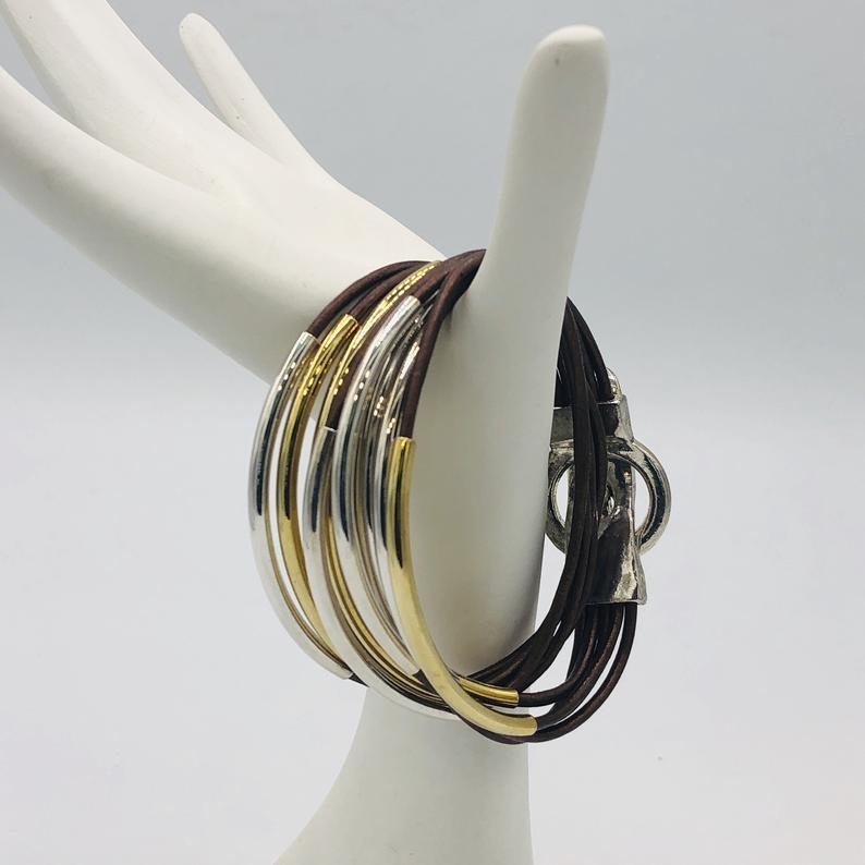 Artisan Boho Leather Wrap Bracelet in Metallic Brown Handmade by DianaHDesigns. Stack, Layer or Wear Alone! Tube Beads and Magnetic Clasp! picture