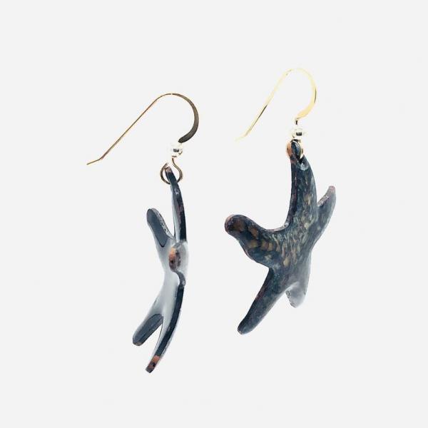 Handmade star shaped dangle earrings. Holiday style starfish in black/gold enamel. Beachy, tropical, fun! Artful Jewelry by DianaHDesigns picture