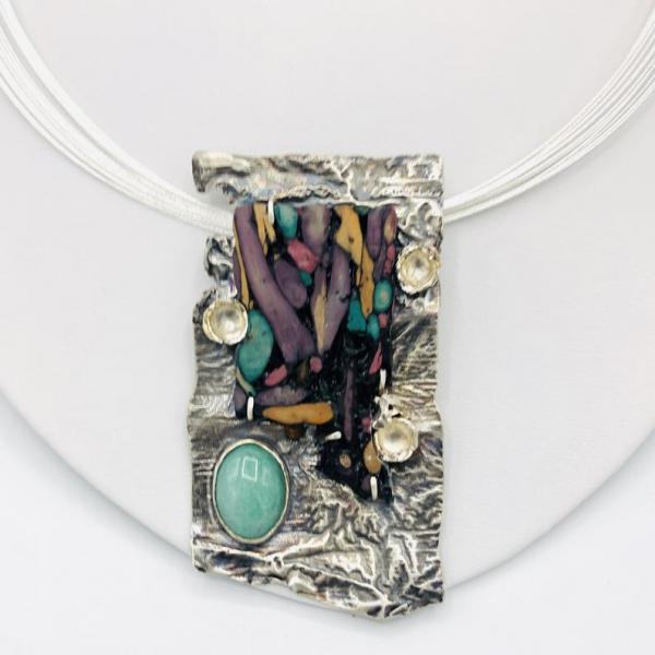 Reticulated Sterling Silver and Heather Handmade Pendant Necklace. Artful Jewelry by DianaHDesigns. One-of-a-kind, Earrings available too! picture