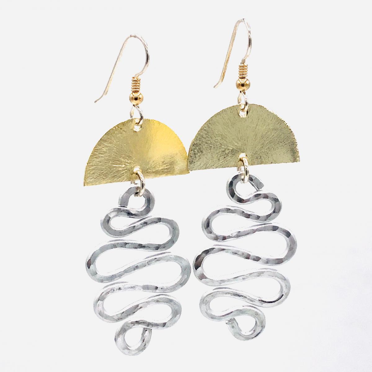 DianaHDesigns jellyfish half moon & swirl dangle earrings gold and silver tones. Hand formed wire, lightweight, sexy, gold-filled earwires picture