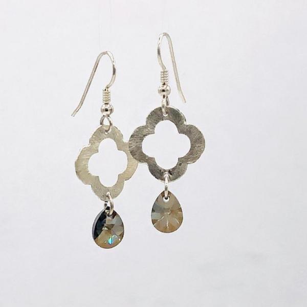 Flower/Four Leaf Clover Sterling Silver/Swarovski Crystal Earrings. Great texture, graceful dangle. Artful Handmade Jewelry DianaHDesigns! picture