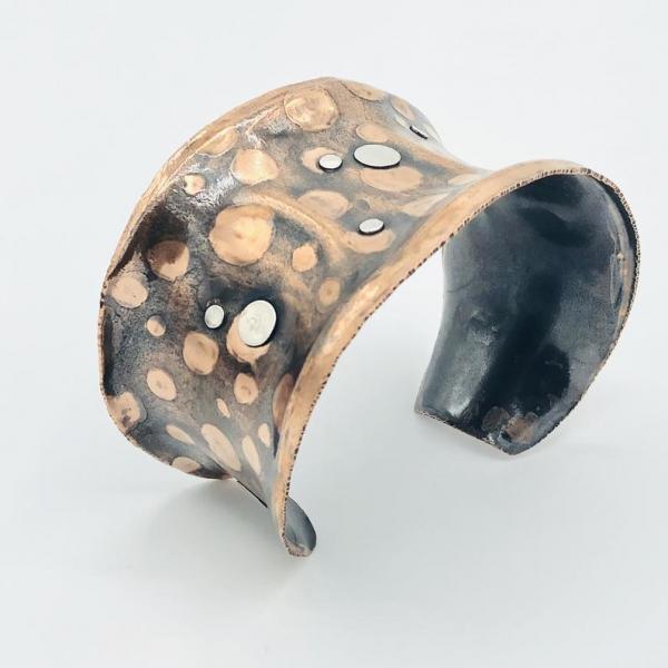 Polka dot cuff bracelet, copper with sterling silver accents. Animal print and texture one-of-a-kind! Unique, gorgeous patina, adjustable. picture