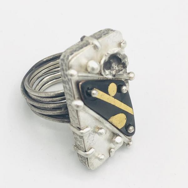 Diana Hirschhorn Artful Handmade Cosmic/Modern Bold Statement Ring! Reticulated Sterling Silver with 24K Gold and Enamel. Custom order Only
