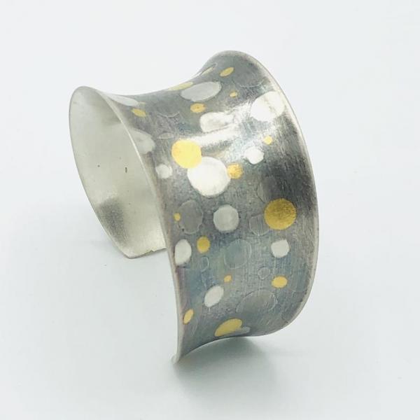 Celestial starry night sky bold, modern cuff bracelet 24k gold polka dots/sterling handmade DianaHDesigns. Adjustable, one-of-a-kind, fun! picture