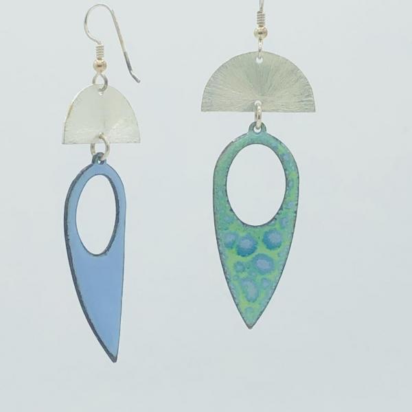 By Diana Hirschhorn...turquoise blue, green, silver earrings. Fan shape with leaf dangle are geometric, modern, one-of-a-kind & gorgeous! picture