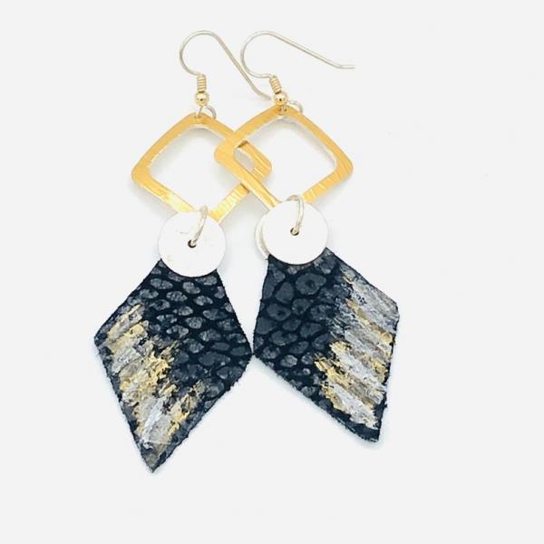 Leather handmade, hand painted modern earrings black/gold/silver. Geometric, bold, lightweight and one-of-a-kind Jewelry by DianaHDesigns! picture