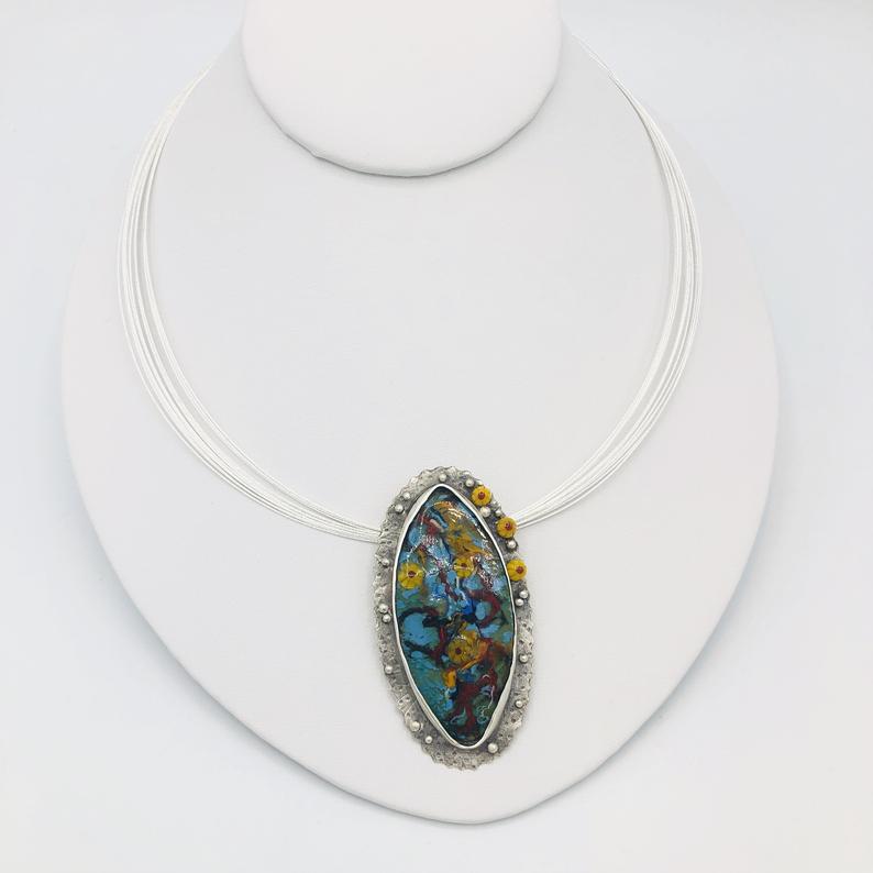 Handmade by Diana Hirschhorn...Yellow Daisy Water Garden Pendant Sterling Silver/Vitreous Enamel, optional Multi-Cable Neck Wire. So unique! picture