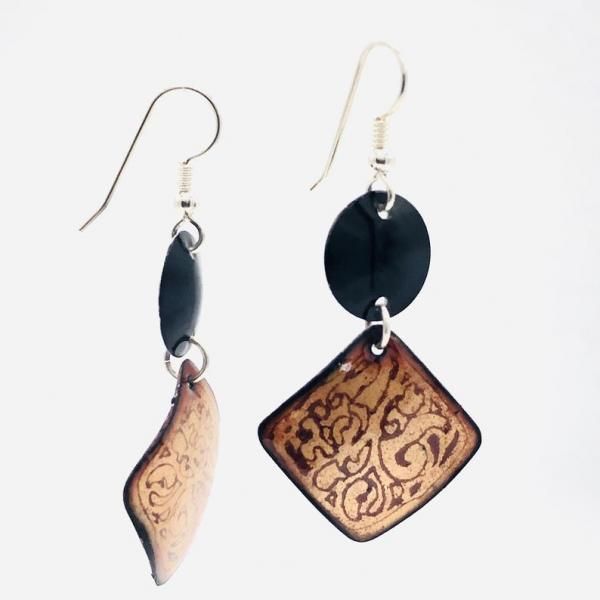 Contemporary enamel dangle earrings handmade. Black & gold colors, burgundy etching. Sterling silver pierced ear wires. By DianaHDesigns! picture