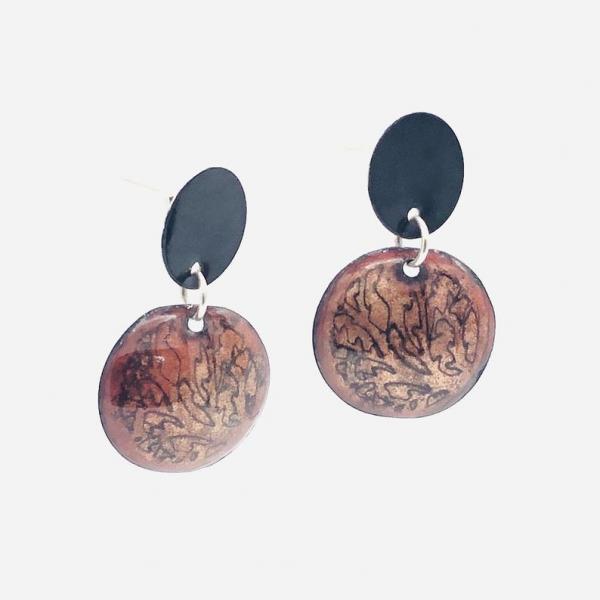Enamel post earrings. Etched design in fall colors black/coppery gold. Modern, unique and fun. Artful Handmade Jewelry by DianaHDesigns! picture