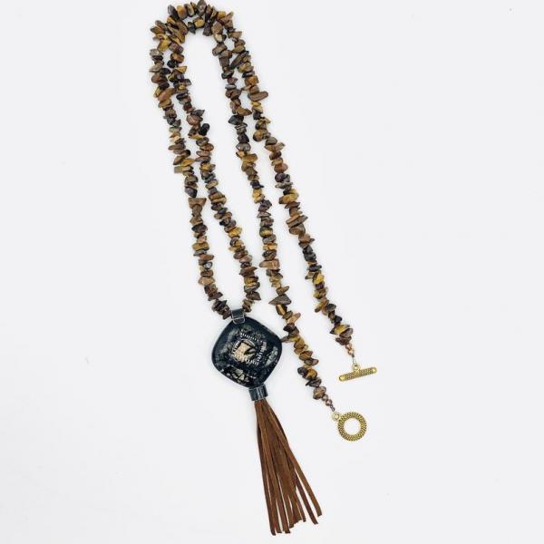 Handmade Fused glass & Tigers Eye Jasper Long Necklace w/ Tassel. "Eye of the Tiger" Beaded One-of-a-kind necklace by Diana Hirschhorn
