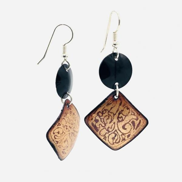 Contemporary enamel dangle earrings handmade. Black & gold colors, burgundy etching. Sterling silver pierced ear wires. By DianaHDesigns!