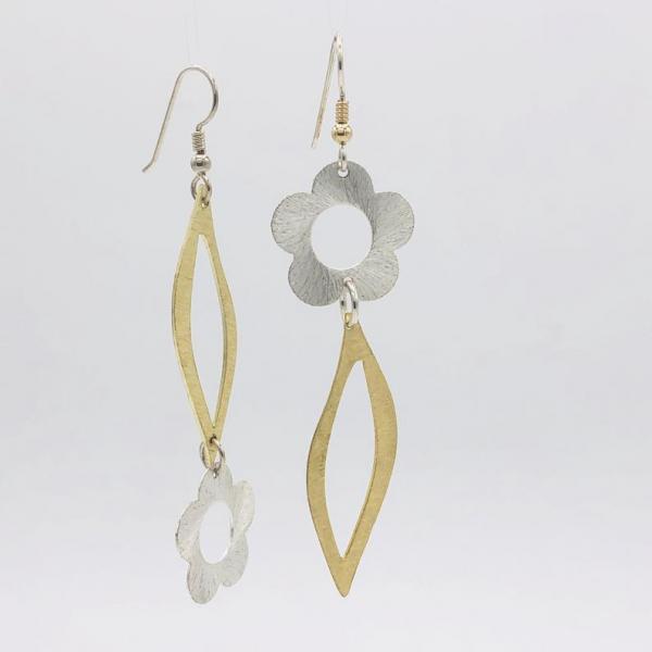 Asymmetrical flower and leaf design earrings in gold/silver tones. Fun, bold, elegant, lightweight & sexy statement dangles by DianaHDesigns picture