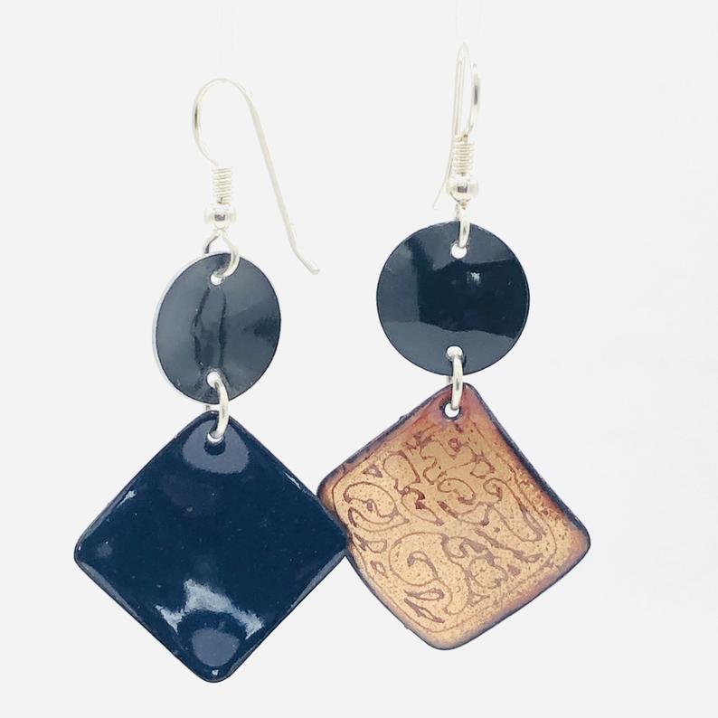 Contemporary enamel dangle earrings handmade. Black & gold colors, burgundy etching. Sterling silver pierced ear wires. By DianaHDesigns! picture