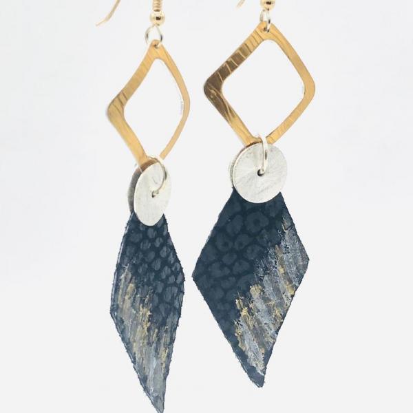 Leather handmade, hand painted modern earrings black/gold/silver. Geometric, bold, lightweight and one-of-a-kind Jewelry by DianaHDesigns! picture